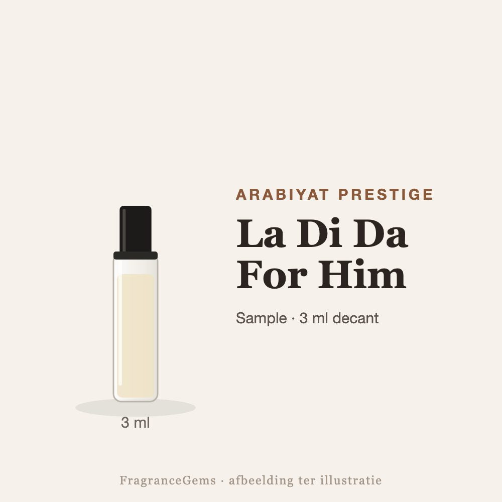 Arabiyat Prestige La Di Da For Him sample – 3 ml decant in glazen sprayflesje