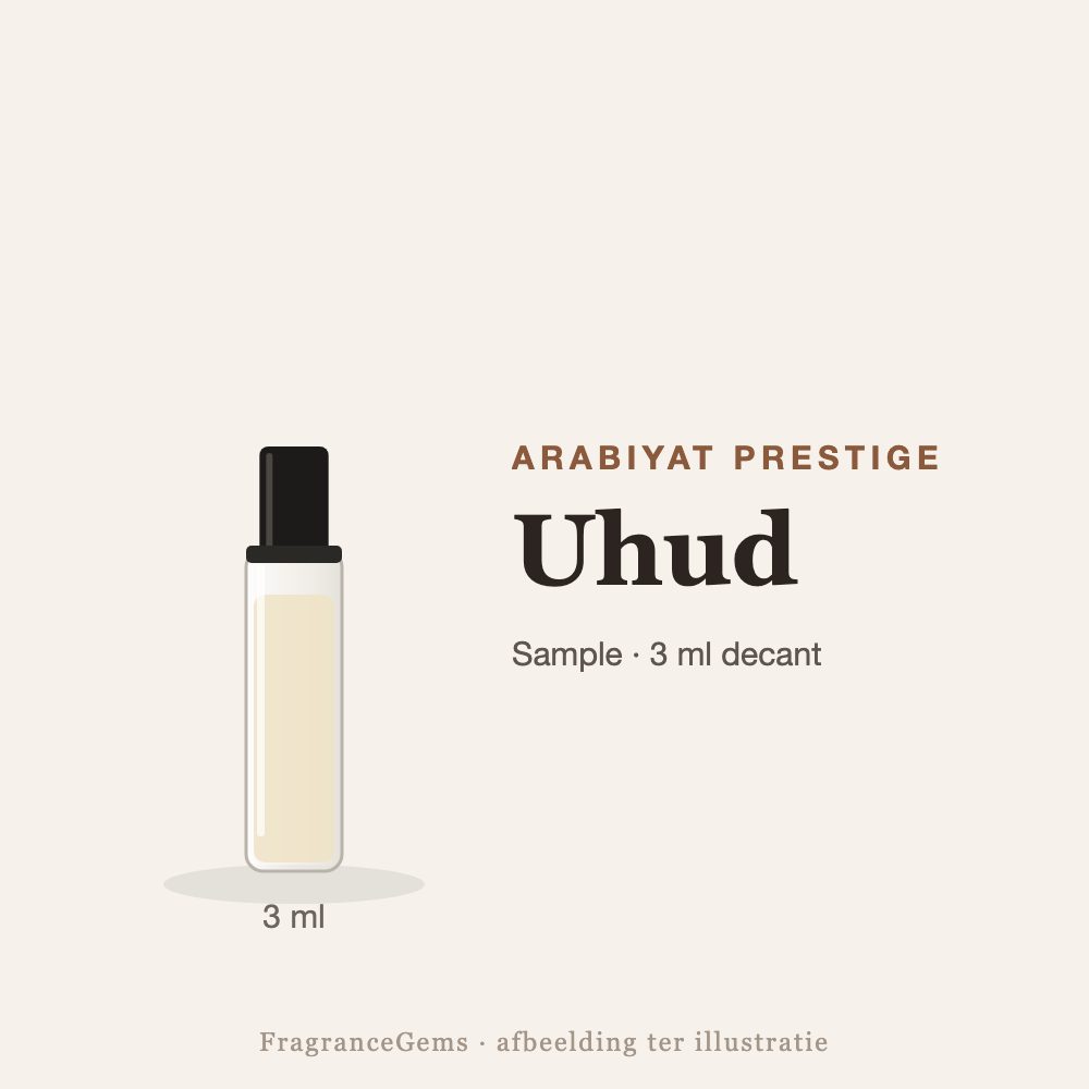 Arabiyat Prestige Uhud sample – 3 ml decant in glazen sprayflesje