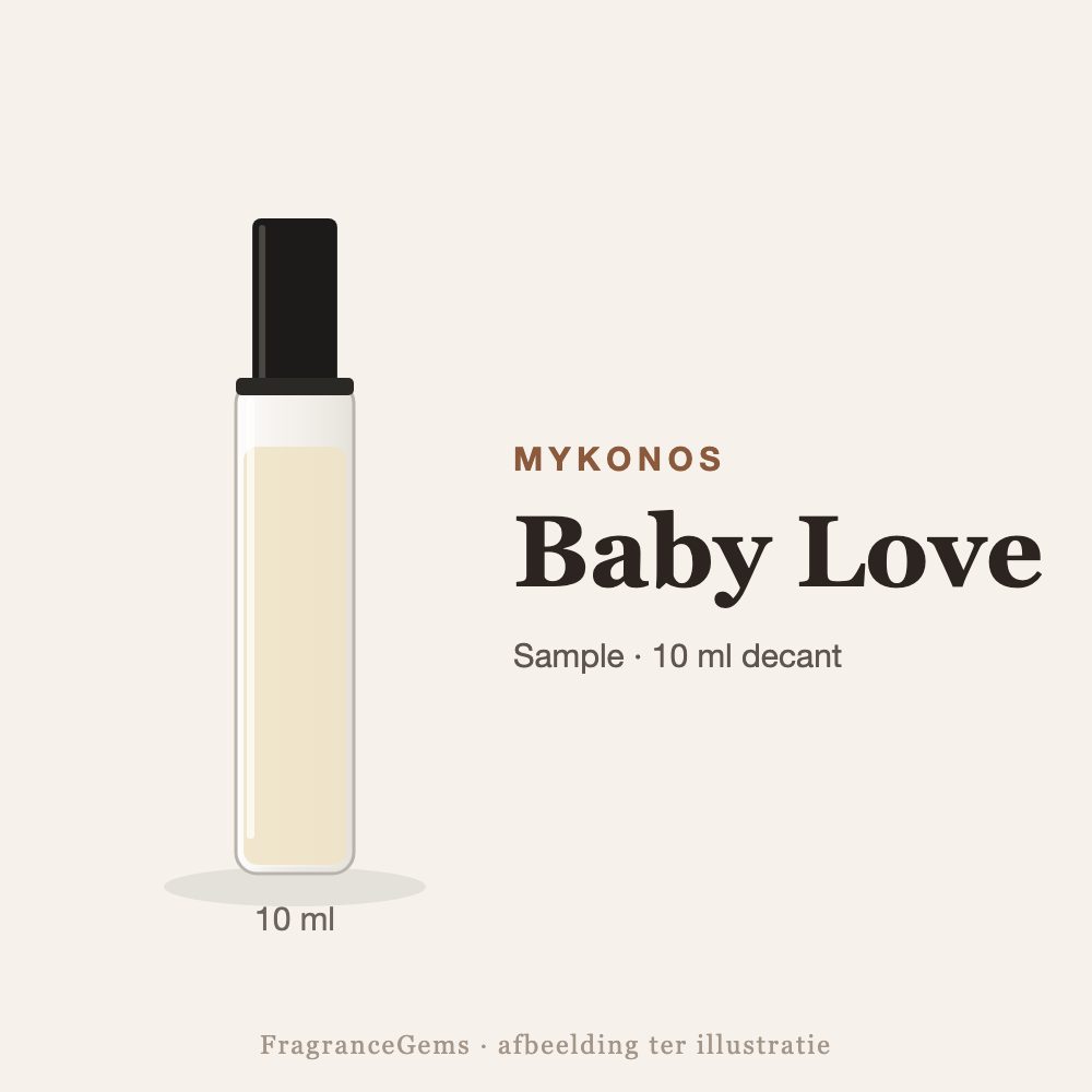 Mykonos Baby Love sample – 10 ml decant in glazen sprayflesje