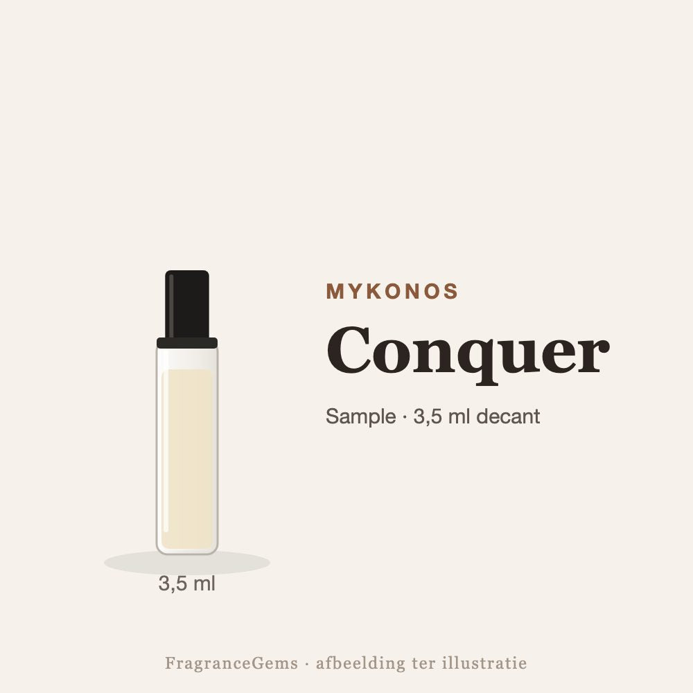 Mykonos Conquer sample – 3,5 ml decant in glazen sprayflesje